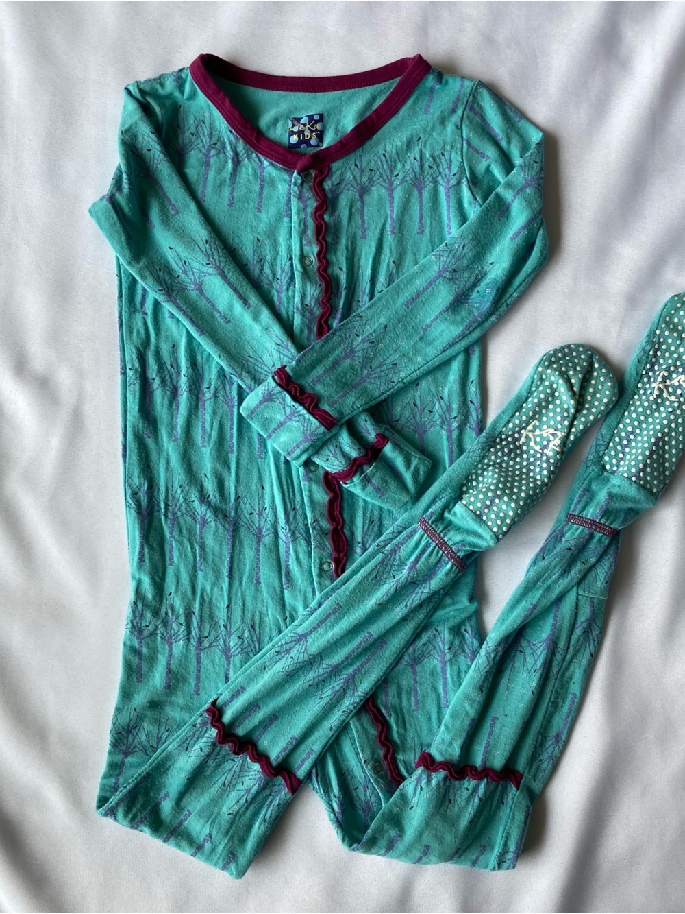 Kickee Pants Turquoise Bird Ruffle Footie PJs